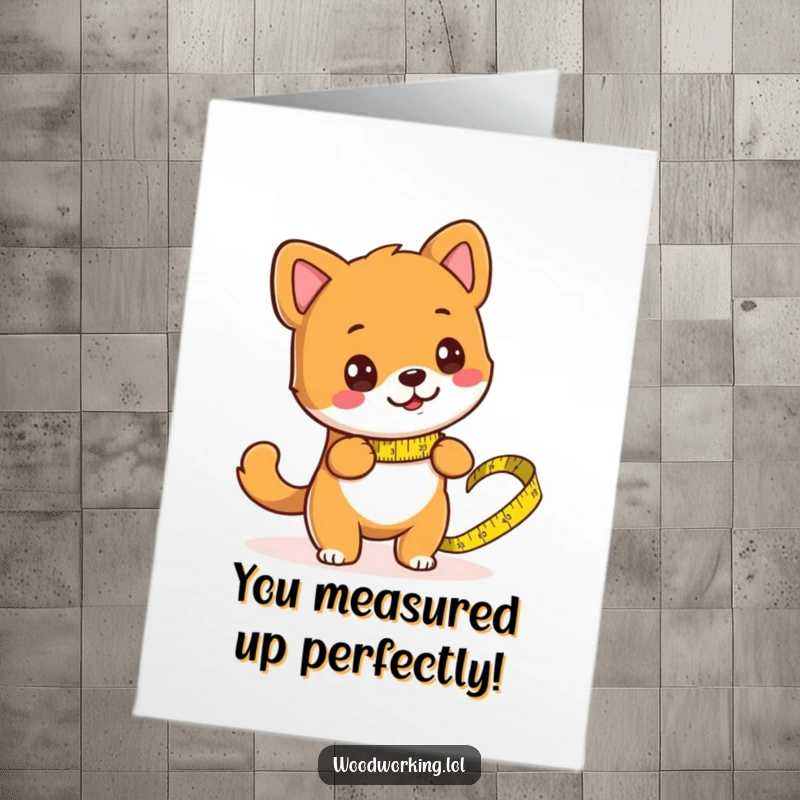Funny Free Printable Congratulations Card with a dog humorously measuring a project, celebrating achievements with a DIY downloadable vibe.