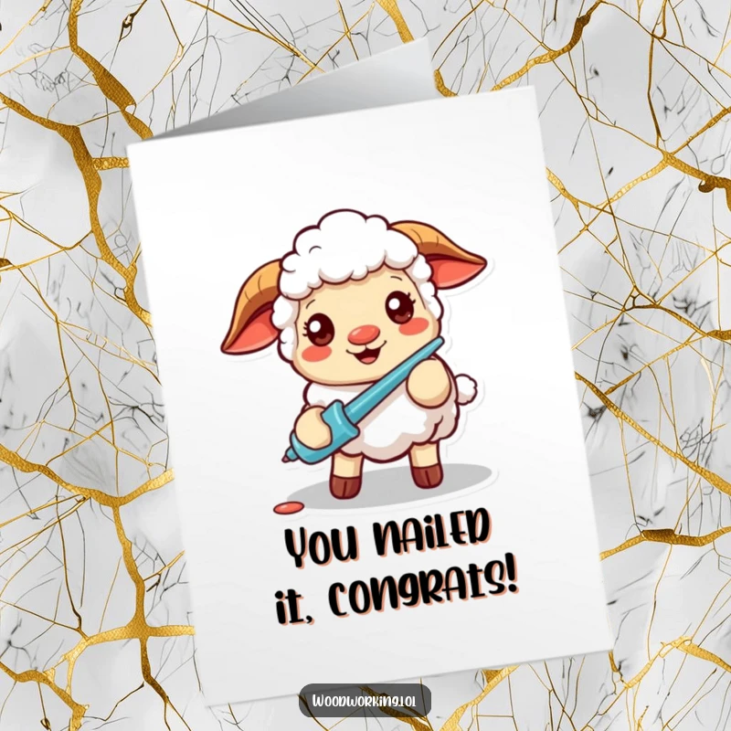 Funny Free Printable Congratulations Card: Cheerful sheep with screwdriver, celebrating success, DIY downloadable gift.