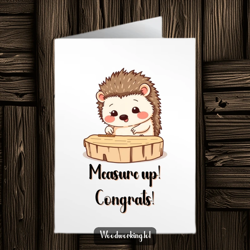 Funny Free Printable Congrats Card: Hedgehog measuring wood, pleased with precision, celebrating success, downloadable gift.