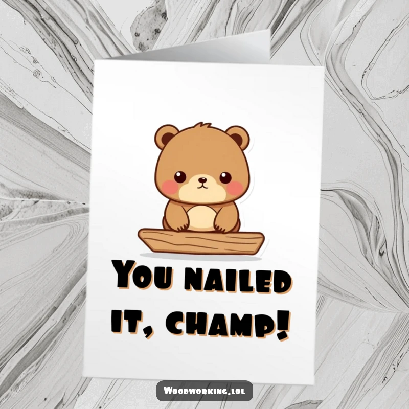 Funny Free Printable Congratulations Card showcasing a focused bear builder with a level, celebrating success DIY style.