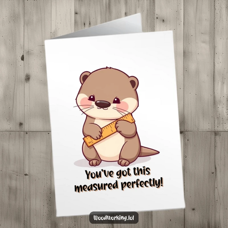 Funny Free Printable Congratulations Card: a playful otter using a tiny ruler to measure wood, celebrating achievement, downloadable art.