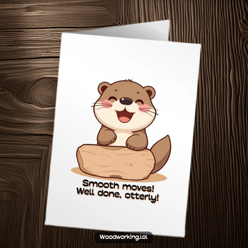 Funny Free Printable Congrats Card: A smiling otter sands a wooden shape, looking pleased with its work.