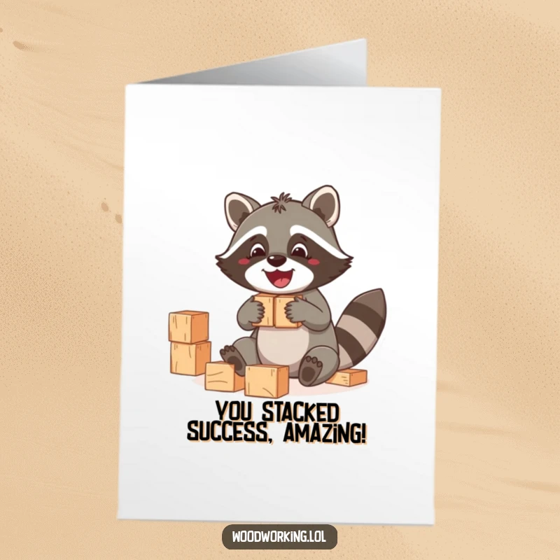 Funny Free Printable Congratulations Card: A happy raccoon carefully assembling blocks, celebrating a well-built success.