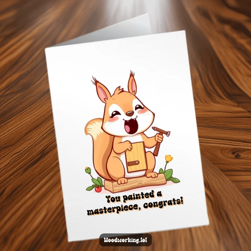 Funny free printable congrats card: a cheerful squirrel meticulously paints a small birdhouse, celebrating success with artistic flair.