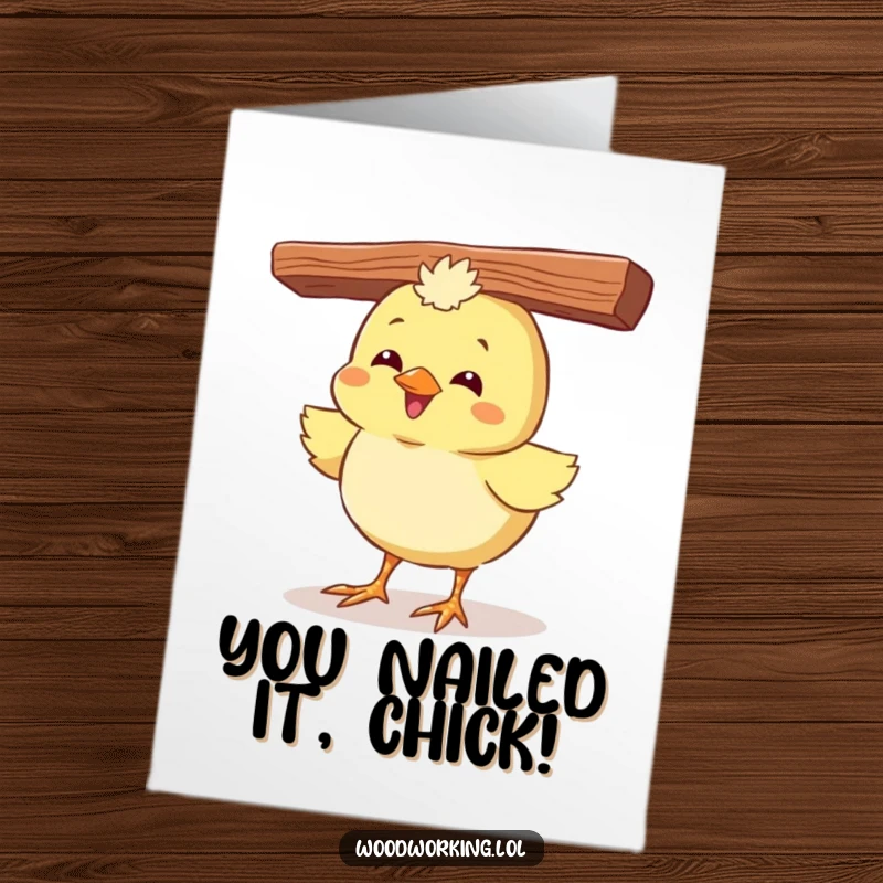 Funny Free Printable Congratulations Card: Giggling chick balances a plank, celebrating their amazing achievement.