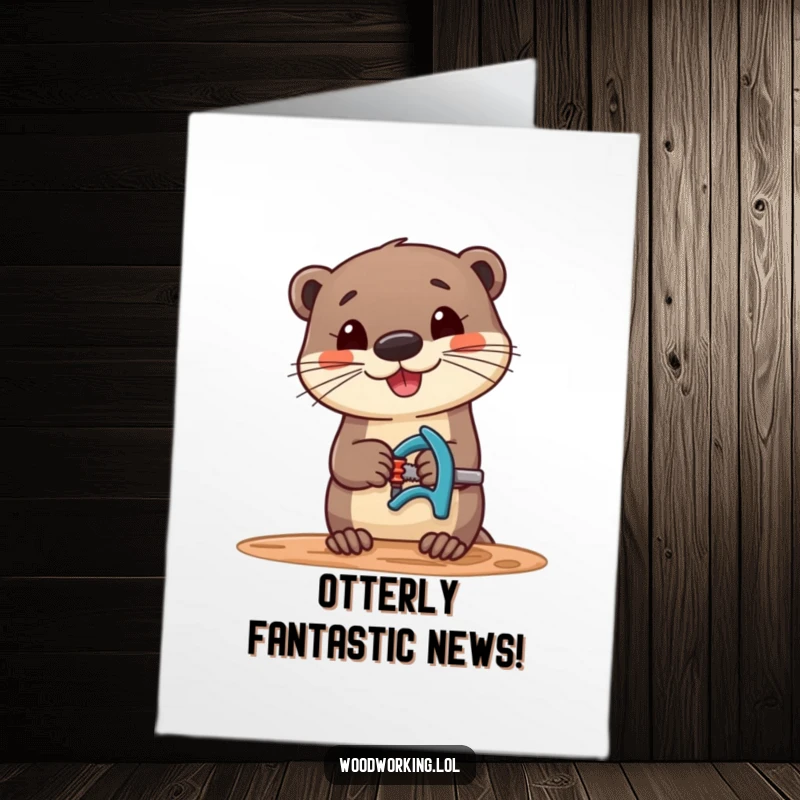 Funny Free Printable Congratulations Card: Happy otter proudly shows off woodworking skills, celebrating success.