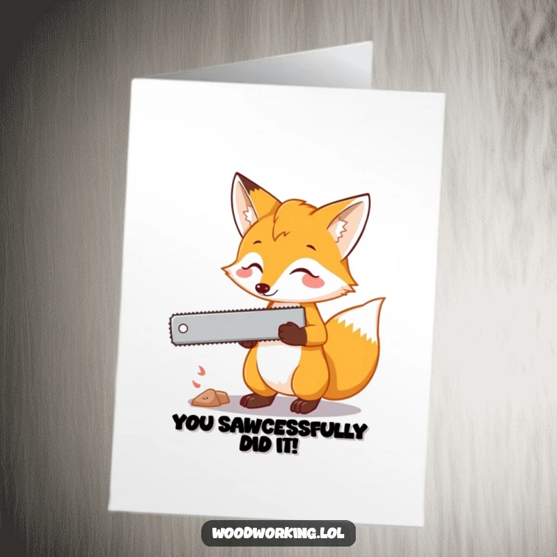 Free Printable Congratulations Card: A curious fox with a saw, carefully planning its next strategic move towards a successful outcome.