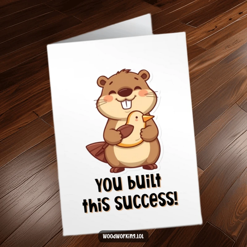 Funny Free Printable Congratulations Card: Happy beaver beams holding a perfectly carved wooden bird, a proud moment.