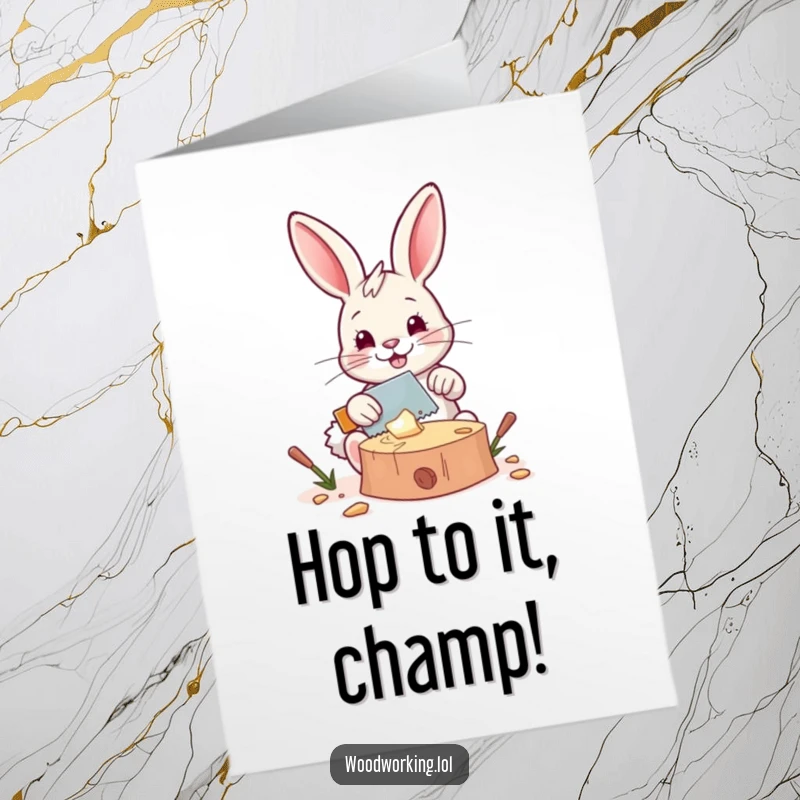 Funny Free Printable Congrats Card showing a happy bunny skillfully using a tiny saw to cut wood, celebrating a successful project.