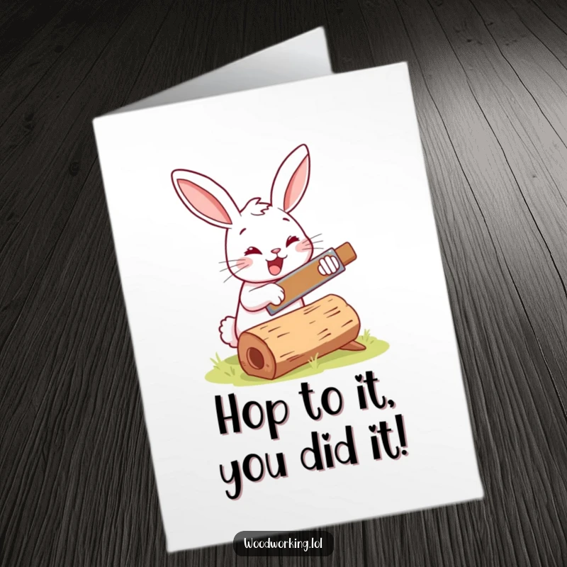 Funny Free Printable Congrats Card: Cheerful bunny using a small saw to cut wood, symbolizing progress.