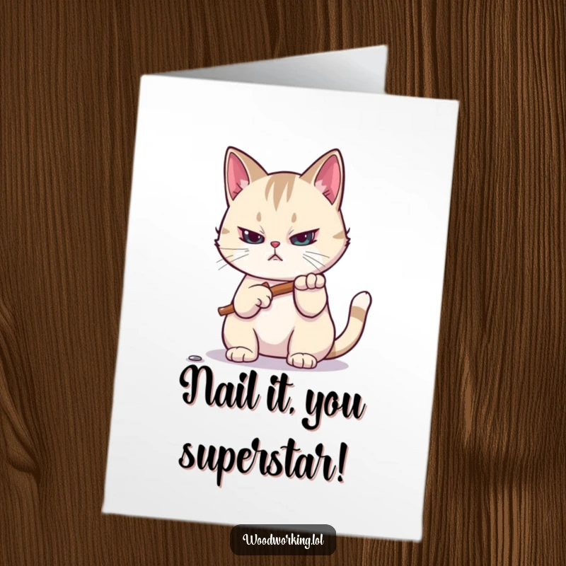 Funny Free Printable Congrats Card showing a focused cat hammering a tiny nail with a determined look, signifying a successful endeavor.