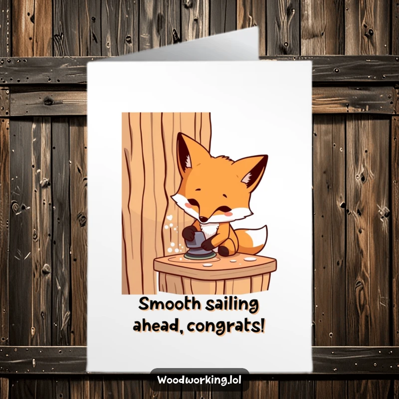 Funny Free Printable Congrats Card: Focused fox industriously sanding wood, celebrating DIY achievements.