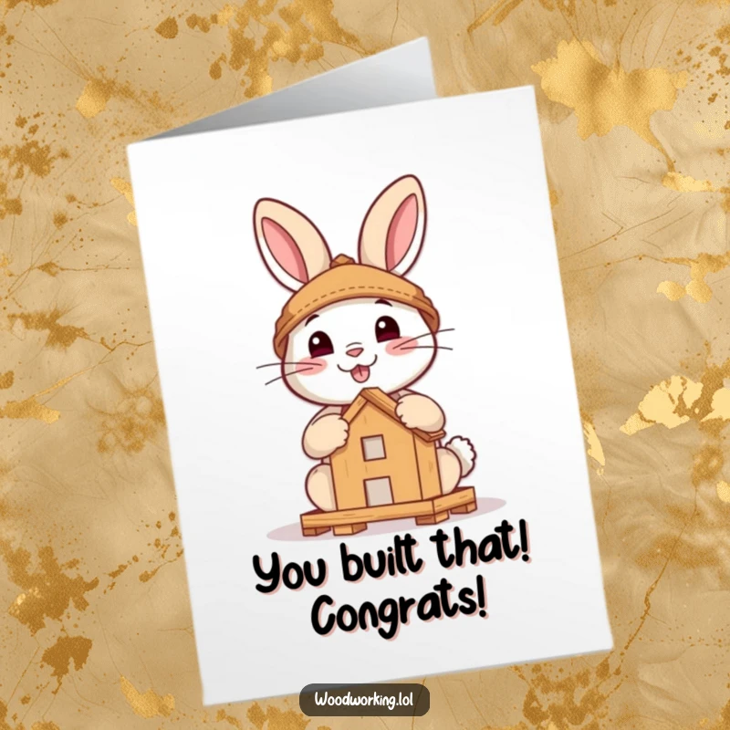 Funny Free Printable Congratulations Card: Brave rabbit proudly building a small wooden structure, a symbol of achievement.
