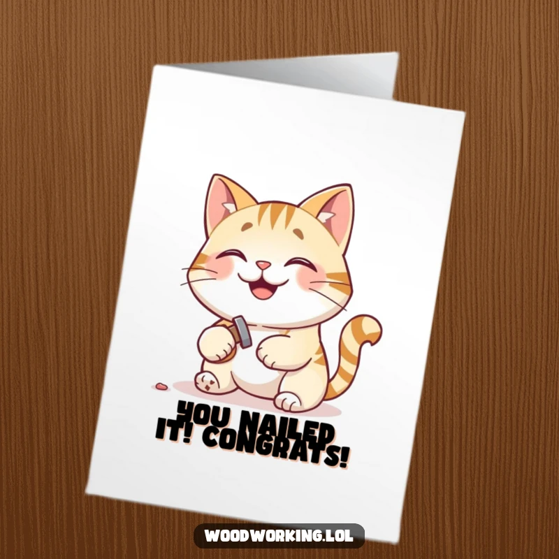 Funny Free Printable Congrats Card: Cat hammering tiny nail, pleased expression, celebrating success, downloadable gift.