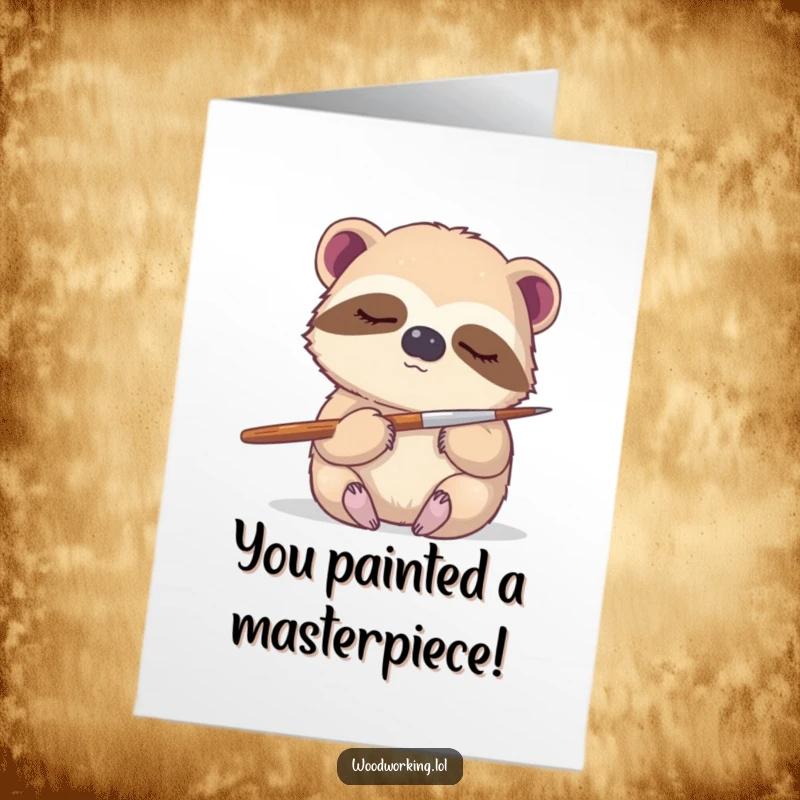 Funny Free Printable Congratulations Card: a sleepy sloth holding a paintbrush, symbolizing slow and steady creative success, downloadable art.