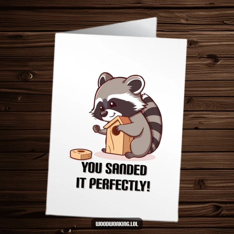 Funny Free Printable Congrats Card: Raccoon smiling, sanding a birdhouse, symbolizing smooth sailing and success.
