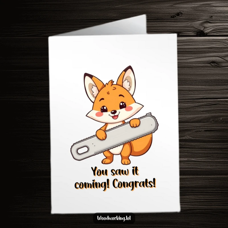 Funny Free Printable Congratulations Card: Cheerful fox beams holding a comically large saw. Congrats on the big win!