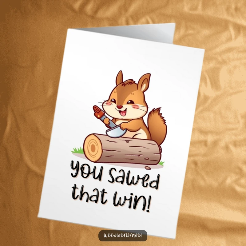 Funny Free Printable Congrats Card: Chipmunk sawing a log with a miniature saw, symbolizing hard work and accomplishment.