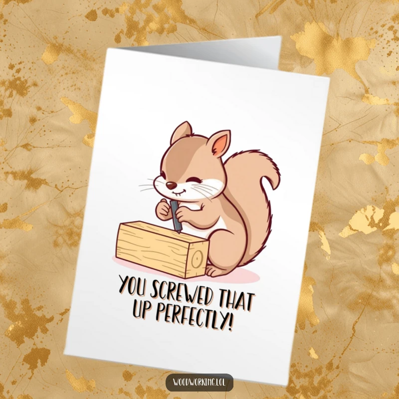 Funny Free Printable Congrats Card: Busy squirrel screwing planks, symbolizing the construction of success.