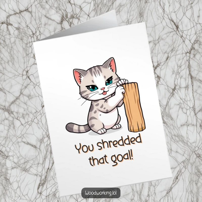 Funny Free Printable Congratulations Card: a determined cat sharpening claws, symbolizing fierce success, downloadable art.