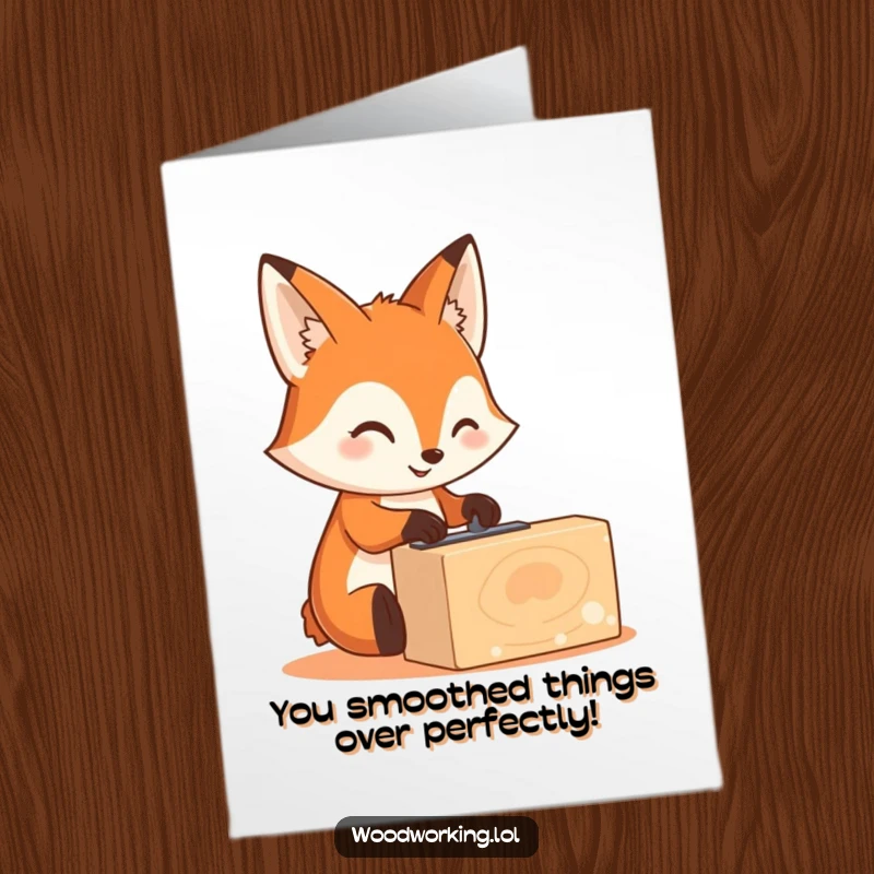 Funny Free Printable Fox Woodworker Card: Smiling fox carefully sanding wood, congratulating DIY accomplishments.