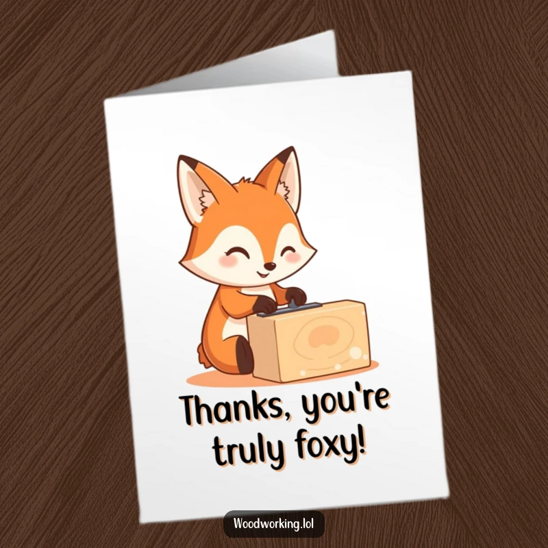 Funny Free Printable Fox Woodworker Card: Cute fox smiling while sanding wood, offering a crafted thank you.
