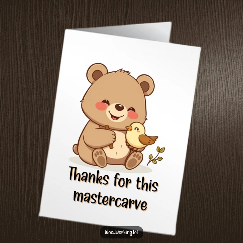 Funny Free Printable Thank You Card: A giggling bear proudly carves a delicate wooden bird.
