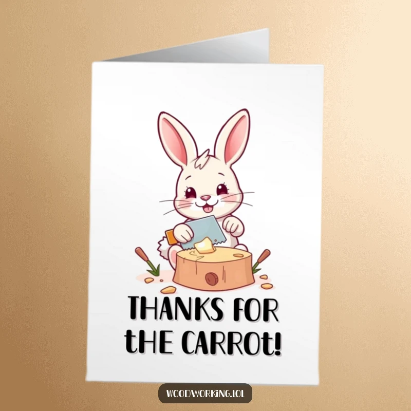 Funny Free Printable Thank You Card of a happy bunny using a tiny saw to cut wood, symbolizing helpfulness and hard work.