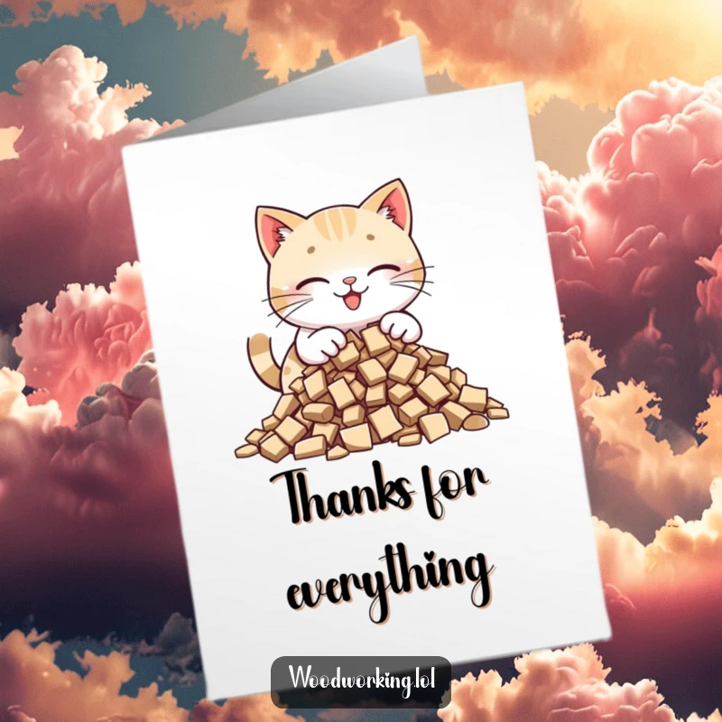 Funny Free Printable Thank You Card: A happy cat carefully places wood chips into a pile, showing dedication.