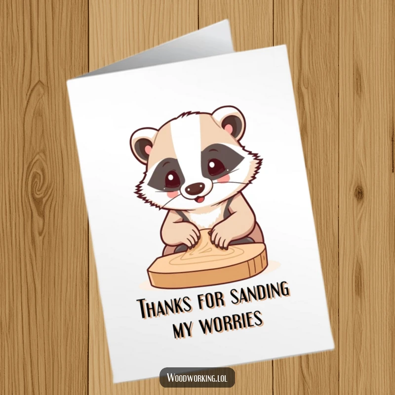 Funny Free Printable Thank You Card with a focused badger sanding wood, a great DIY gift for expressing gratitude.