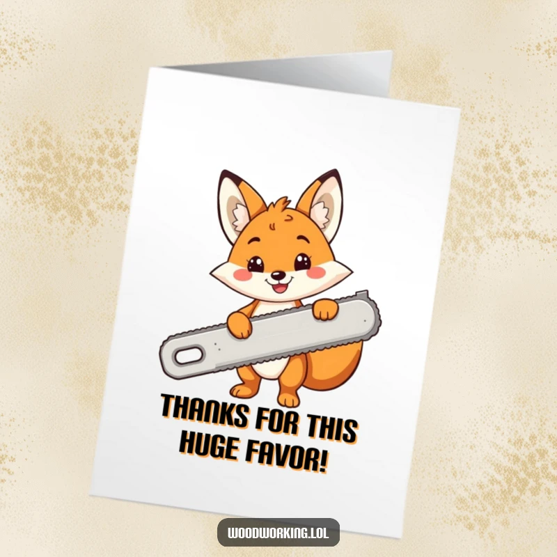 Funny Free Printable Thank You Card: Cheerful fox holds a giant saw, ready to 'cut' through any favor. Thanks!