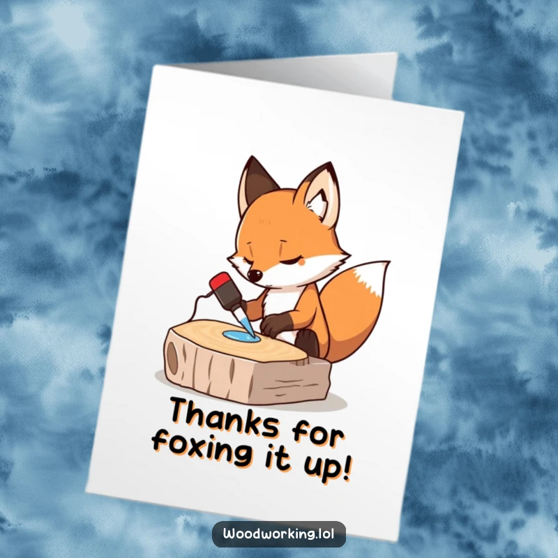 Funny Free Printable Thank You Card: Determined fox applying glue to wood, a humorous DIY gesture of thanks.