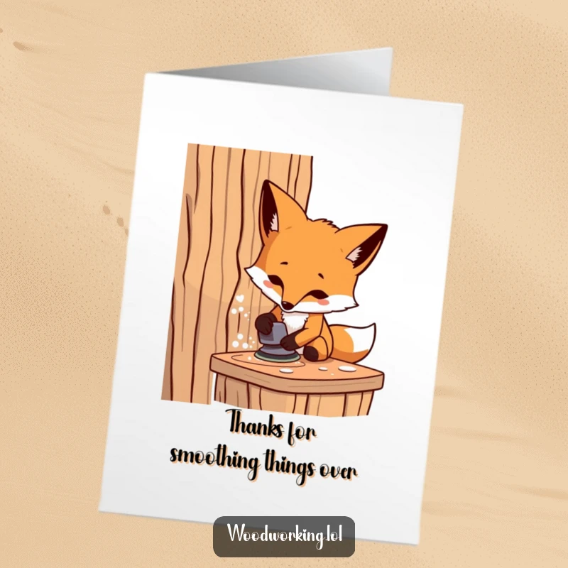 Funny Free Printable Thank You Card: Dedicated fox sanding wood, expressing DIY gratitude powerfully.