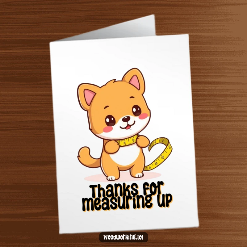 Funny Free Printable Thank You Card depicting a dog measuring lumber, humorously showing gratitude with a DIY downloadable touch.
