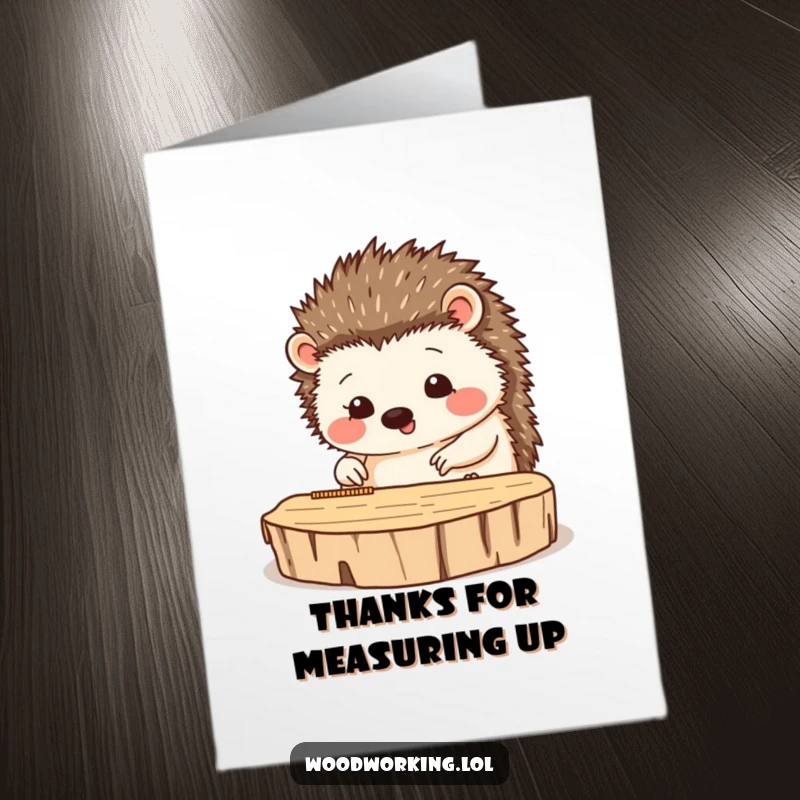 Funny Free Printable Thank You Card: Hedgehog carefully measuring wood, expressing thanks, downloadable DIY gift.