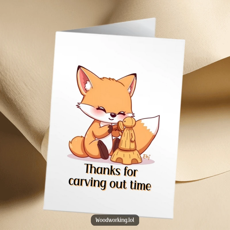 Funny Free Printable Thank You Card: Playful fox happily chiseling a small wooden figure, a creative DIY thank you.