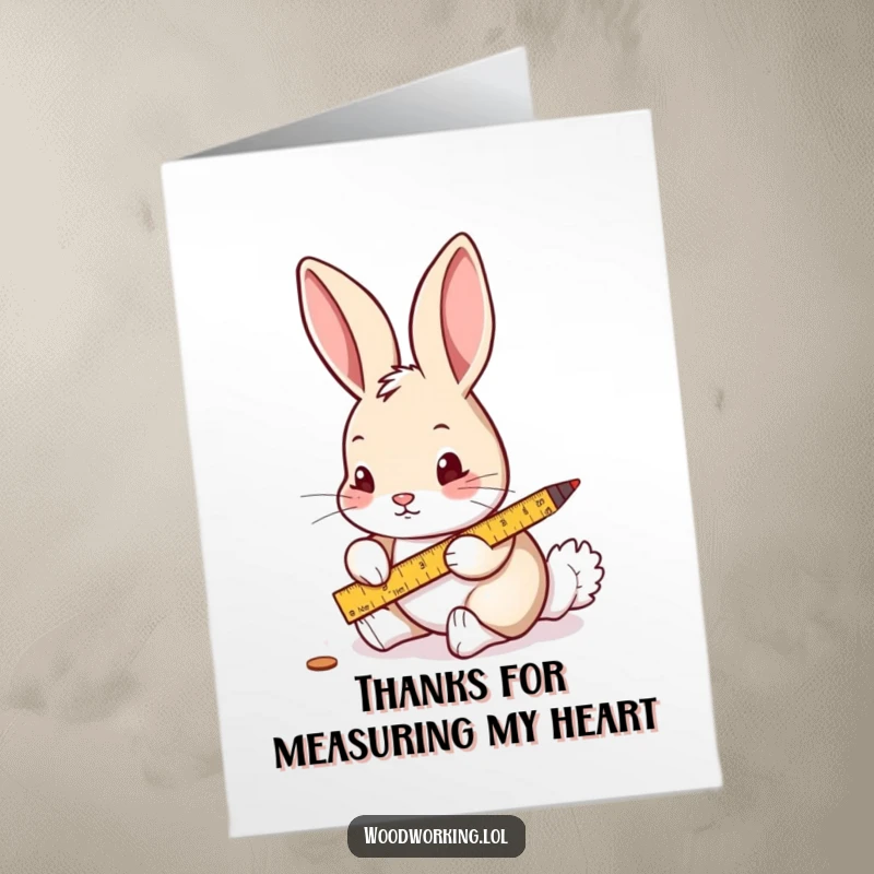 Funny Free Printable Thank You Card of a curious rabbit carefully measuring wood, a thoughtful DIY gift.