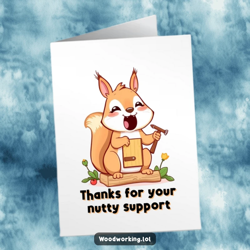 Funny free printable thank you card: a cheerful squirrel applies paint to a birdhouse, creating a beautiful artwork of thanks.
