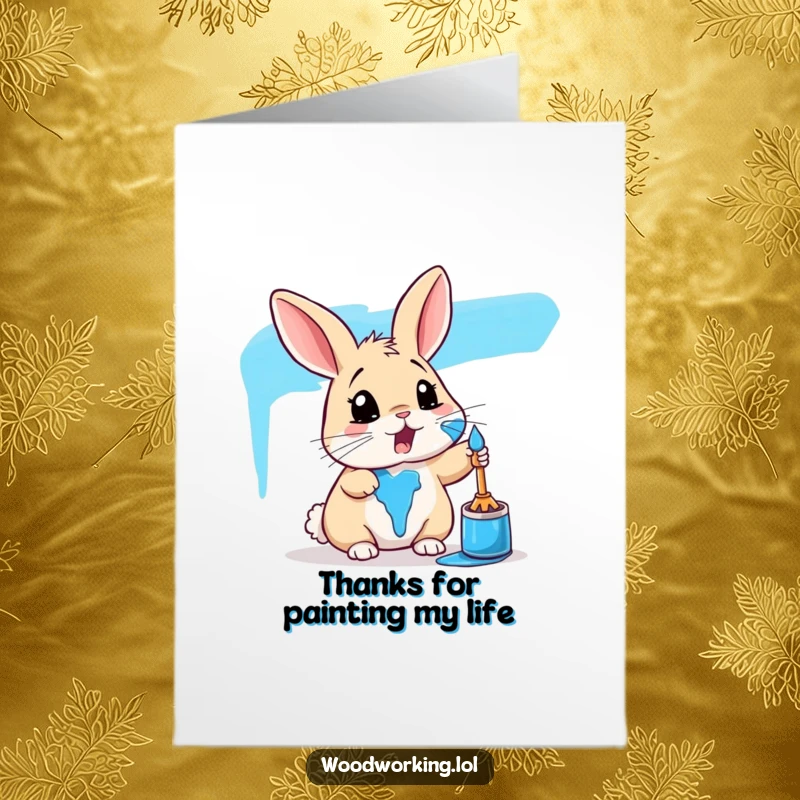 Funny Free Printable Thank You Card: Surprised rabbit humorously splattered with bright blue paint, offering a colorful DIY thank you.