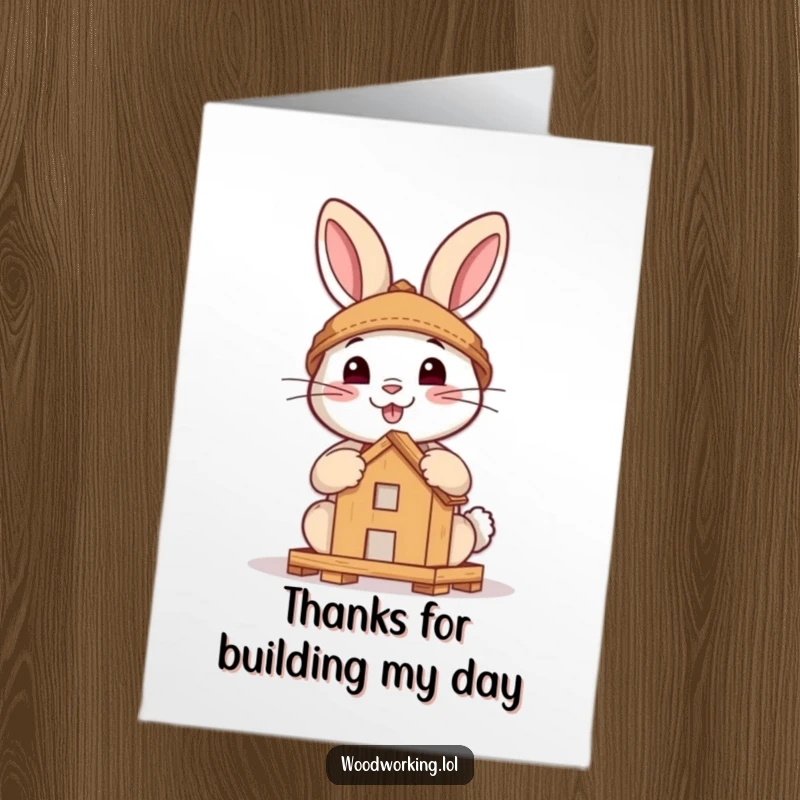 Funny Free Printable Thank You Card: Brave rabbit smiles while assembling a small wooden structure, offering thanks.