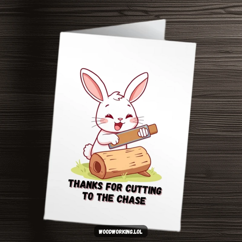 Funny Free Printable Thank You Card: Happy bunny sawing a log, conveying DIY appreciation.