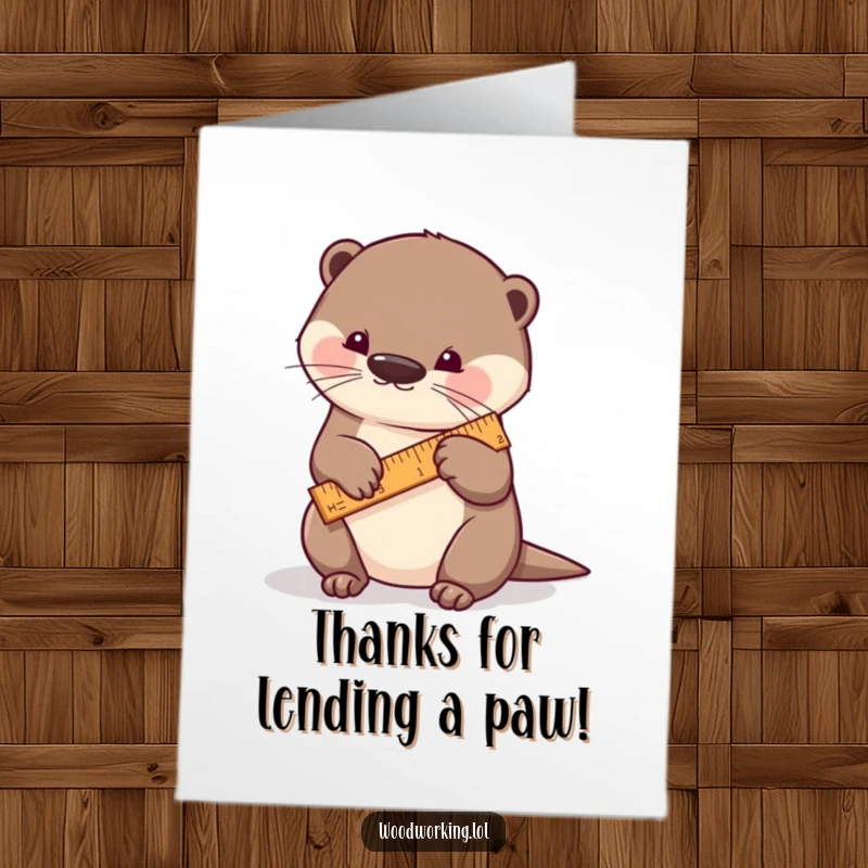 Funny Free Printable Thank You Card: a playful otter measuring wood with a tiny ruler, expressing thanks, DIY gift.