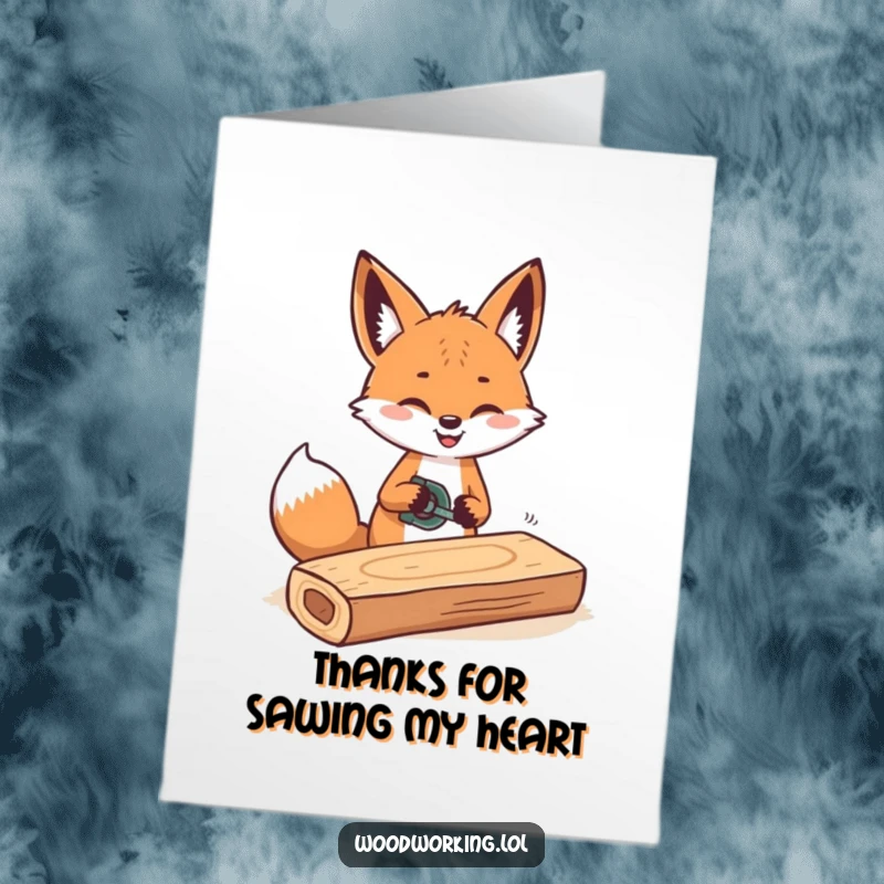 Funny Free Printable Thank You Card of a cheerful fox rhythmically sawing wood, a lively DIY gift.