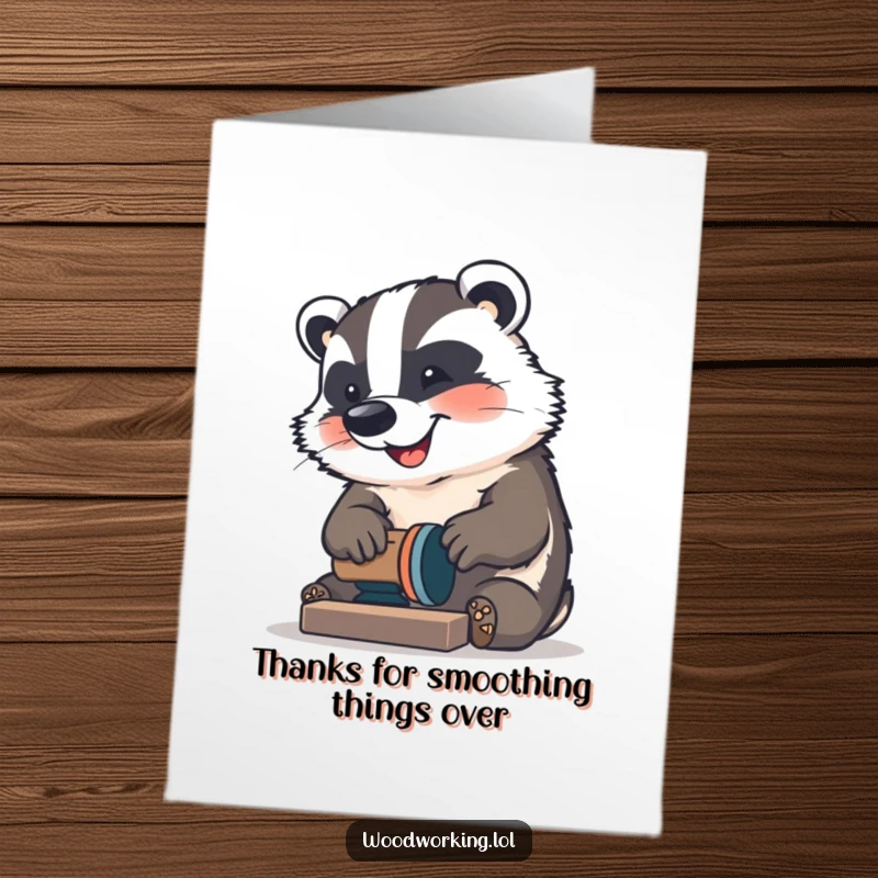 Funny Free Printable Thank You Card: A happy badger intently sanding, showing off meticulous attention to detail in his gratitude.