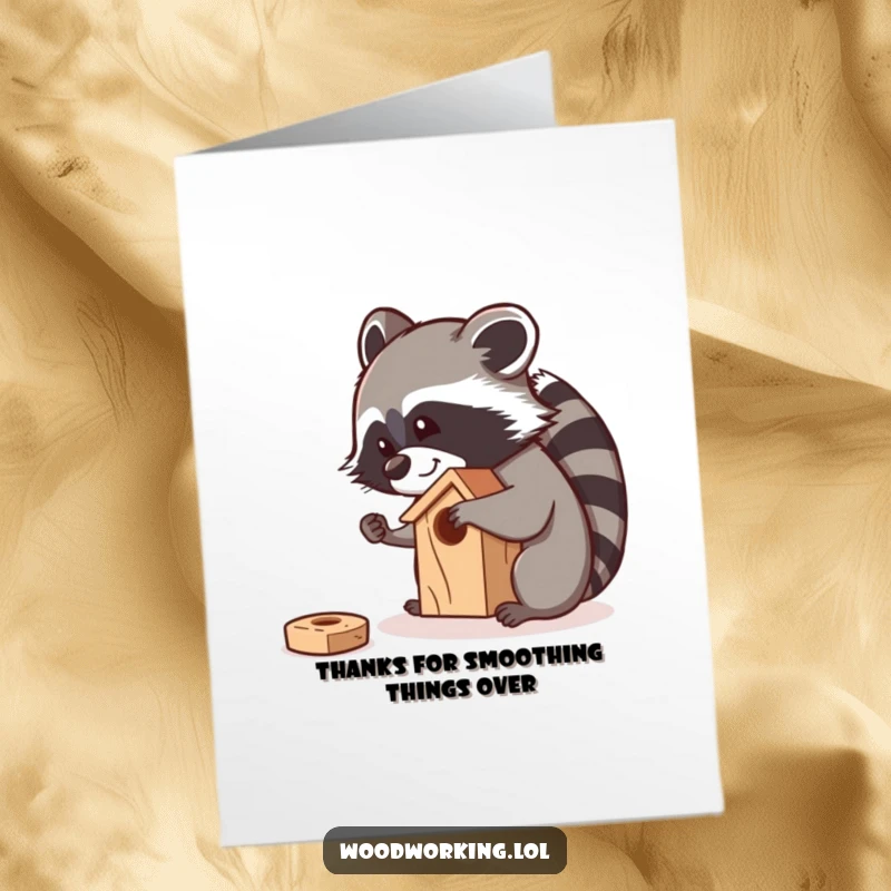 Funny Free Printable Thank You Card: Raccoon meticulously sanding a birdhouse with a smile, conveying polite thanks.