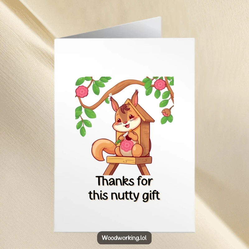 Funny Free Printable Thank You Card: a cheerful squirrel painting a detailed pattern on a birdhouse, conveying thanks creatively.