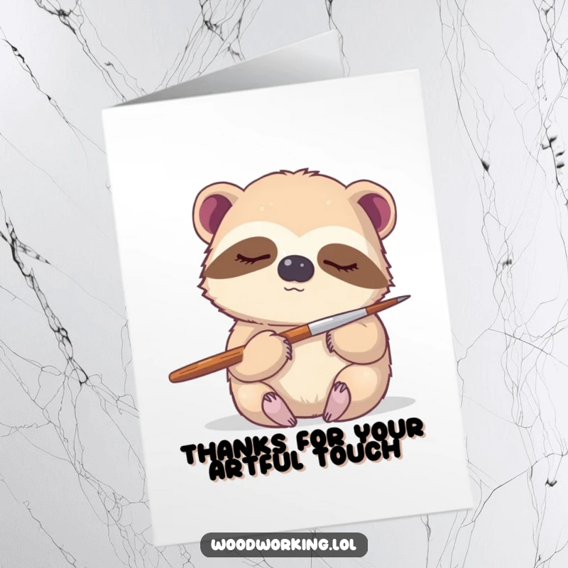 Funny Free Printable Thank You Card: a sleepy sloth gently holding a paintbrush, expressing artistic gratitude, DIY gift.