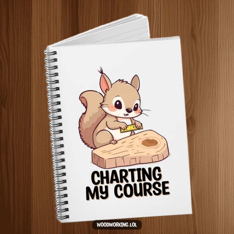 Funny squirrel measurer notebook, curiously measuring wood, ideal for jotting down precise ideas with humor.