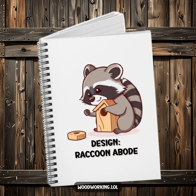 Funny raccoon meticulously sanding a small wooden birdhouse with a smile, on a notebook for creative planning.