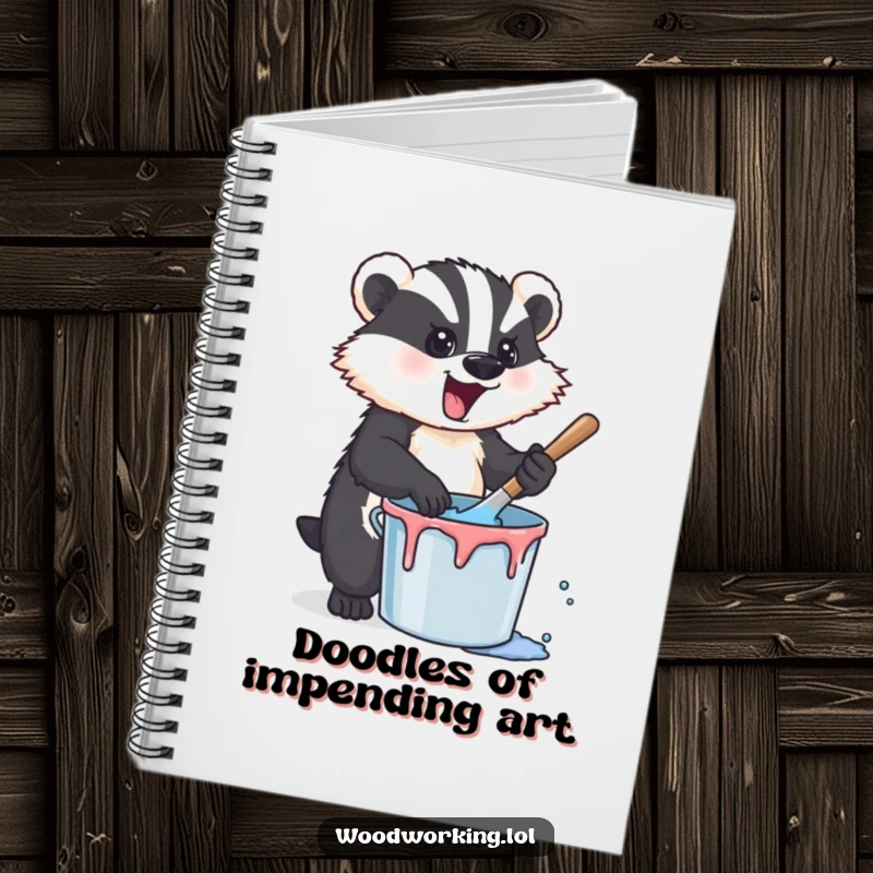Funny badger stirring paint on a notebook cover, representing energetic creativity and inspiring humorous thoughts and artistic ideas.